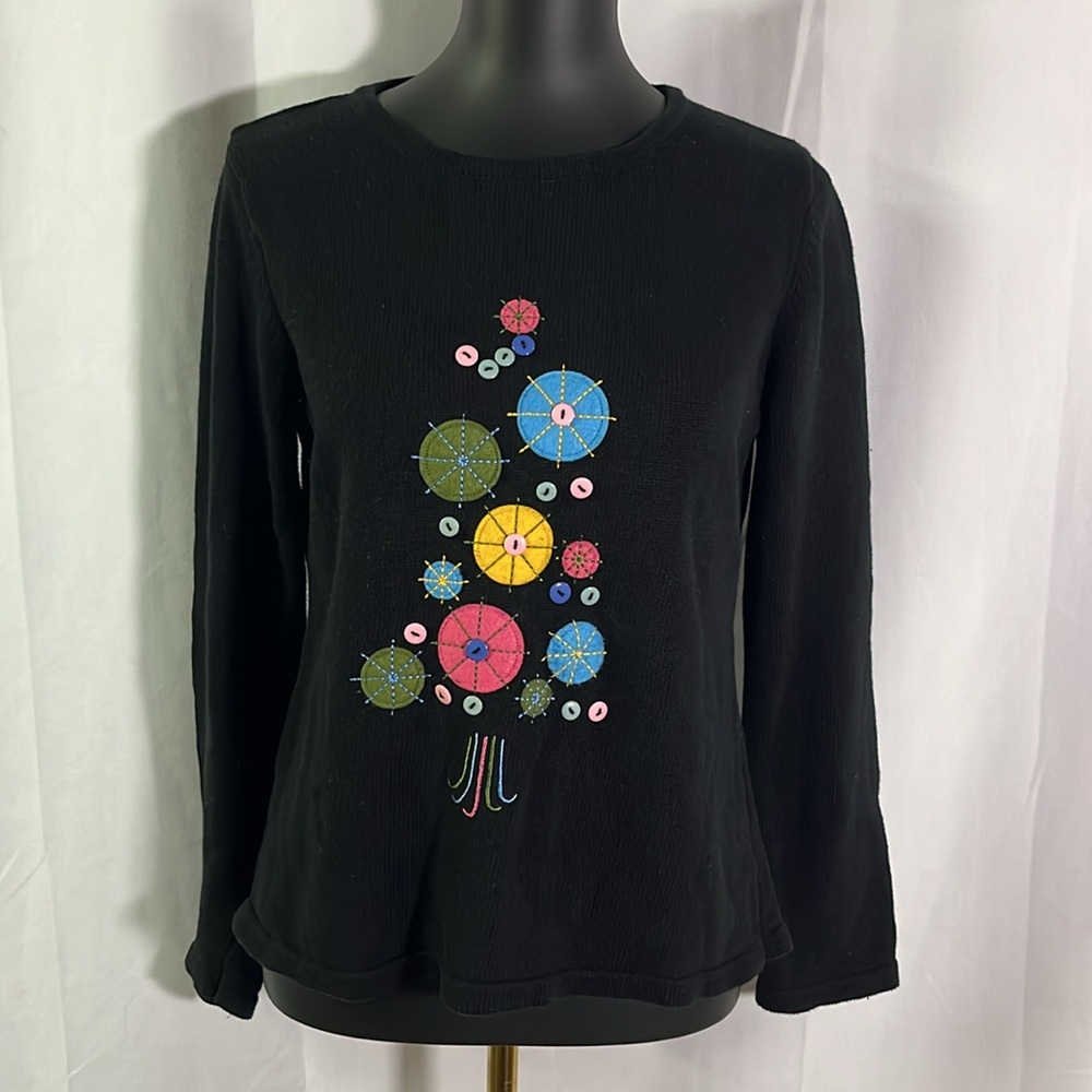 NorthStyle Black Colorful Embroidered Button Christmas Tree Crewneck Sweater